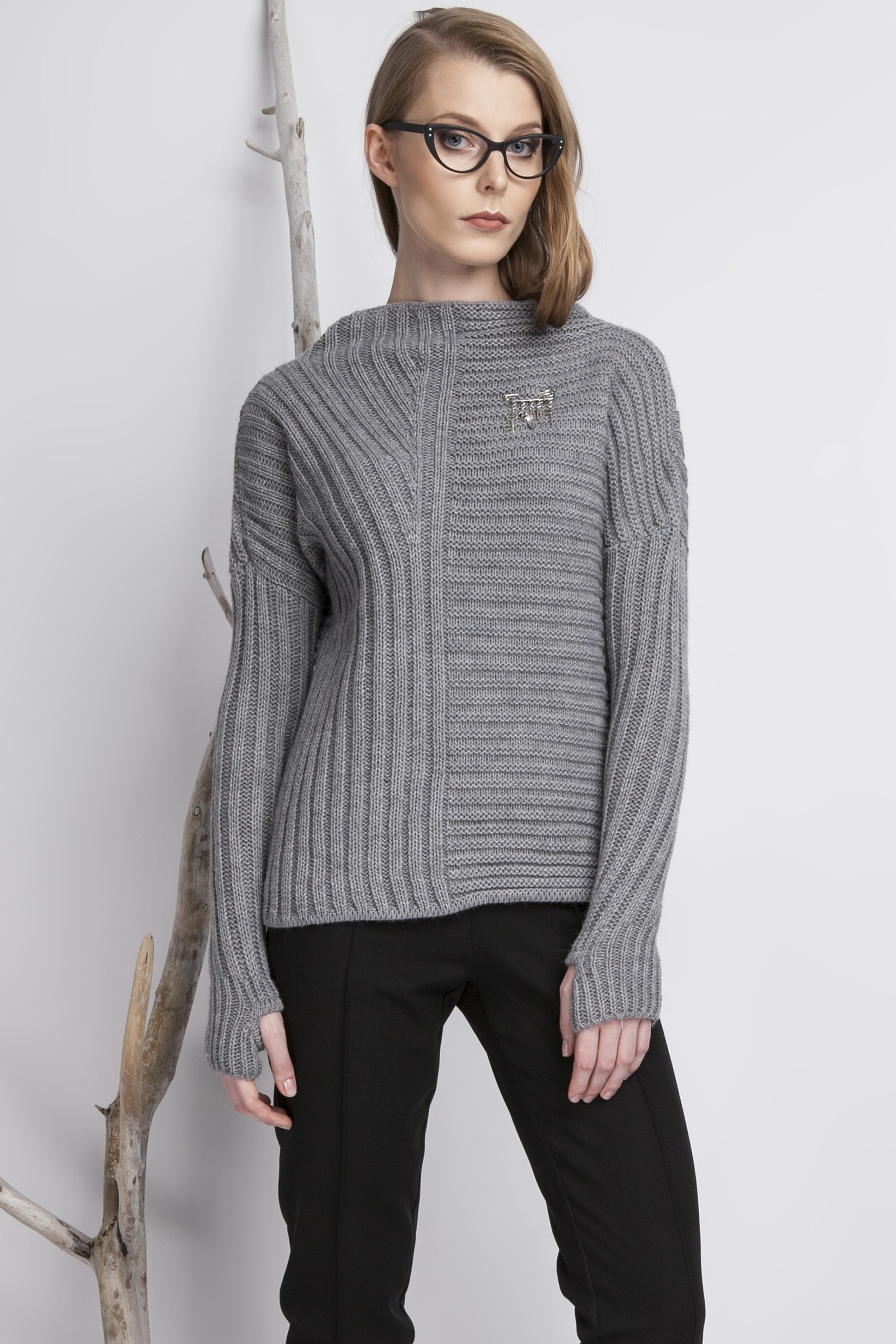 Asymmetrical high collar sweater with thumb hole, gray - BIENKOVSKA