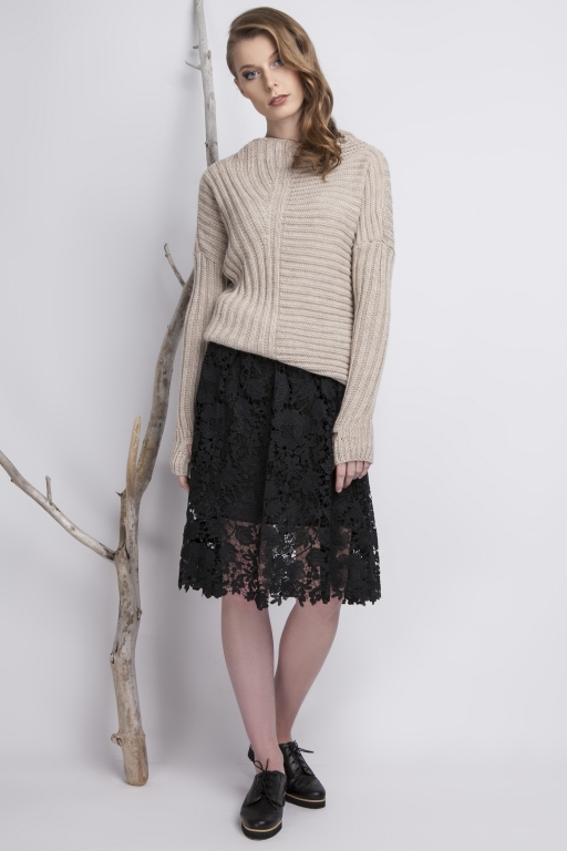 Asymmetrical high collar sweater with thumb hole, beige
